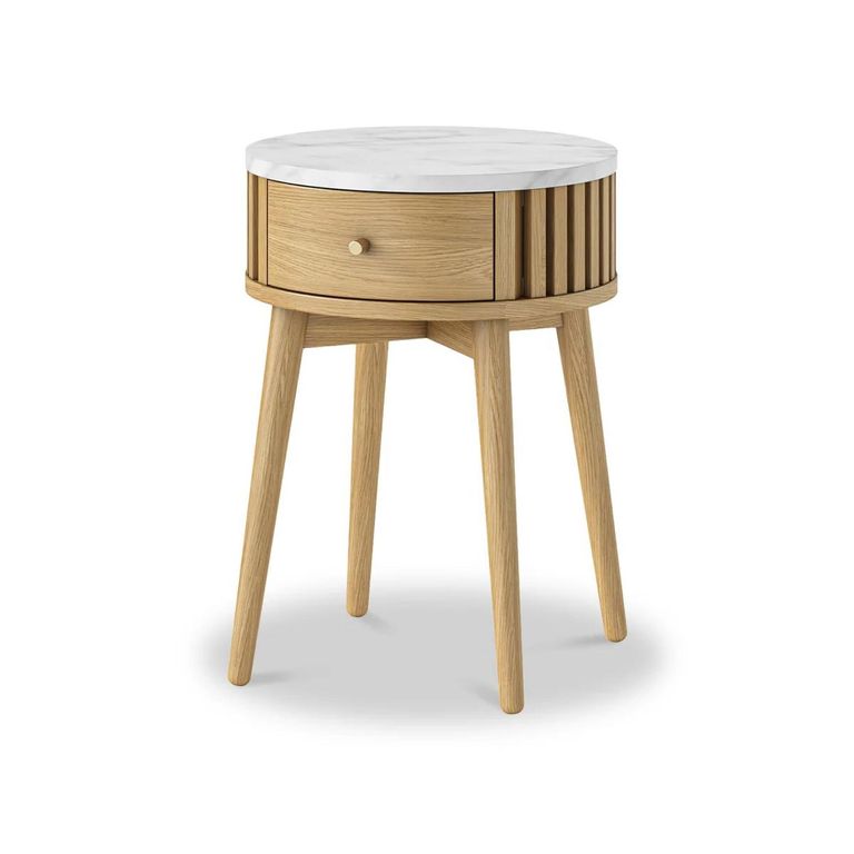 Soho Oak Side Table - 1 Drawer - Round Slatted - White Marble Top