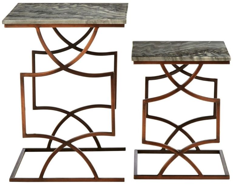 Templar Tables - 2 Tier - Grey Marble with Bronze Metal Base