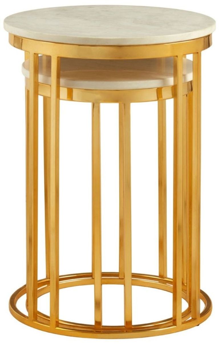 Templar Side Tables - Set of 2 - Round - White Marble and Gold