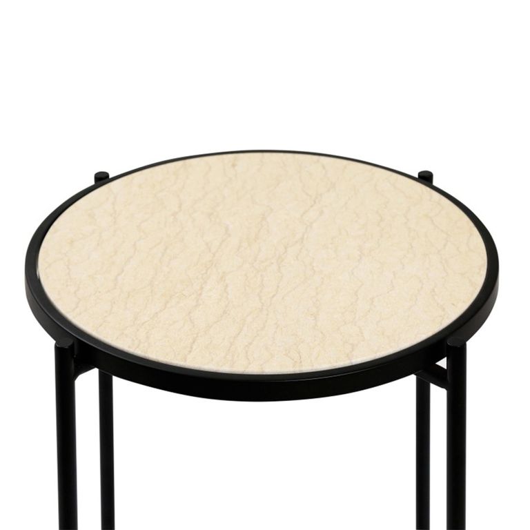 End Table - Round - Travertine Marble and Black Metal
