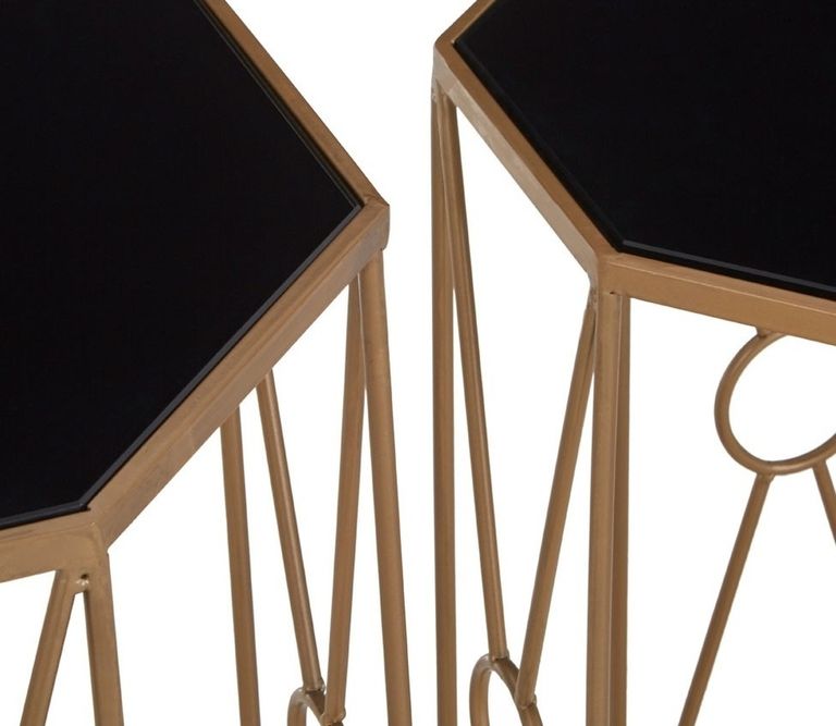 Trento Side Tables - Set of 2 - Black Glass Hexagonal with Gold Metal Base