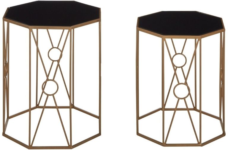 Trento Side Tables - Set of 2 - Black Glass Hexagonal with Gold Metal Base