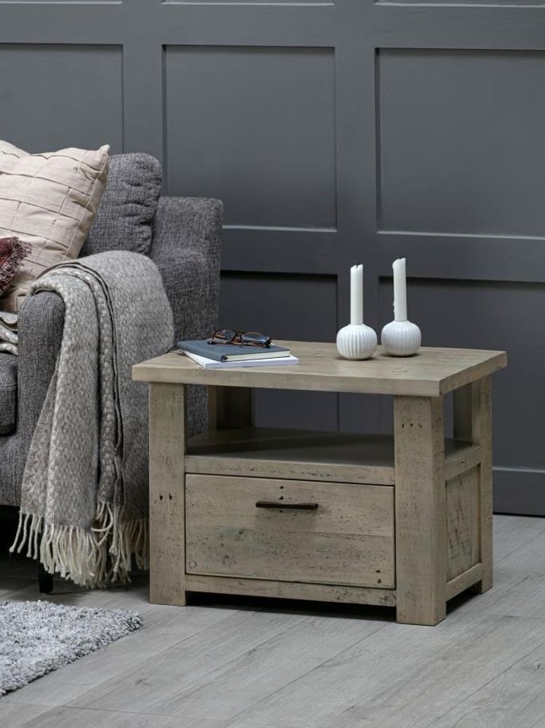 Washed Grey Reclaimed Pine 1 Drawer Lamp Table