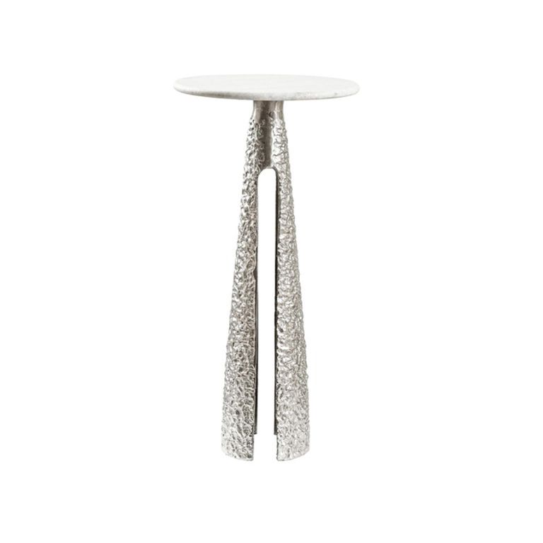 Side Table - Round - White Marble and Textured Nickel