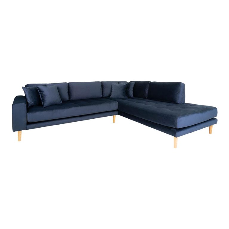 Lido Corner Sofa - Open End - Dark Blue - Velvet Fabric - Natural Legs - RHF
