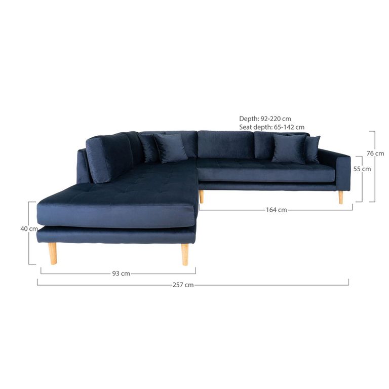 Lido Corner Sofa - Open End - Dark Blue - Velvet Fabric - Natural Legs - LHF