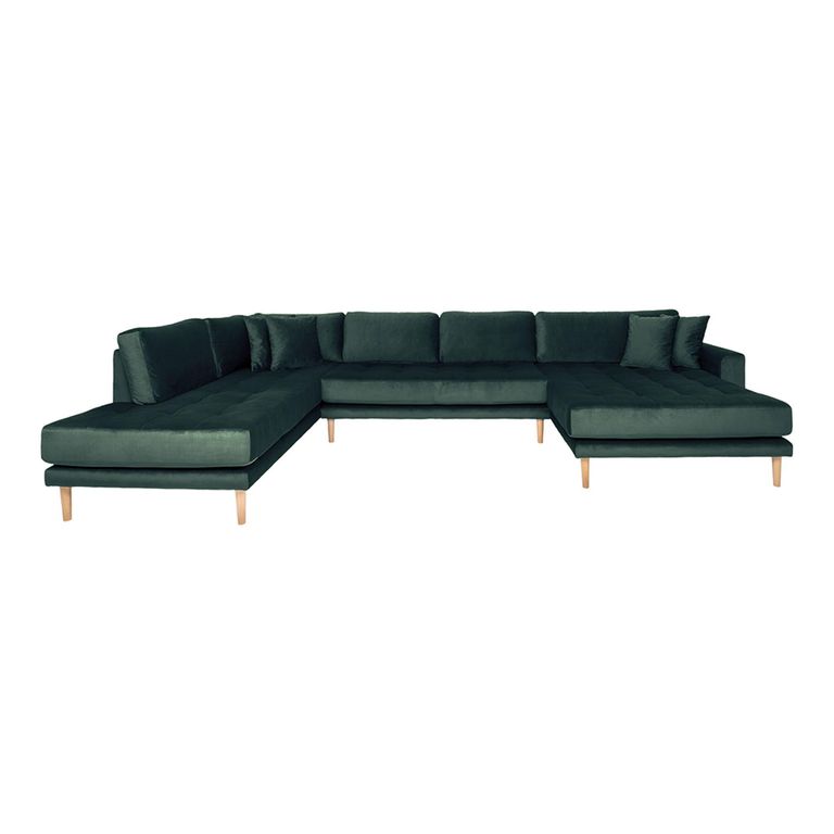 Lido U-Sofa - Open End - Dark Green - Velvet Fabric - Natural Legs - RHF