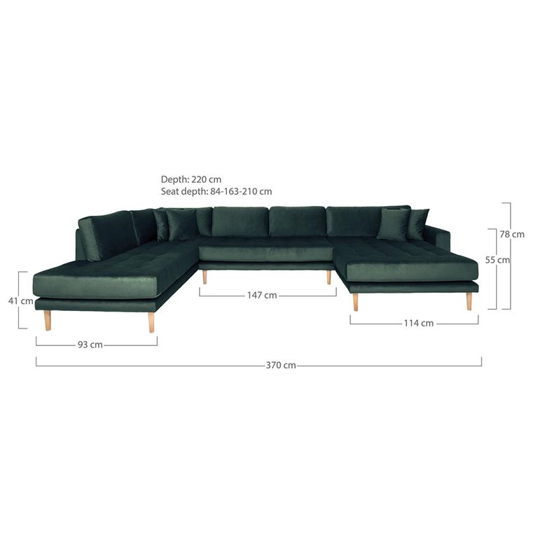 Lido U-Sofa - Open End - Dark Green - Velvet Fabric - Natural Legs - RHF
