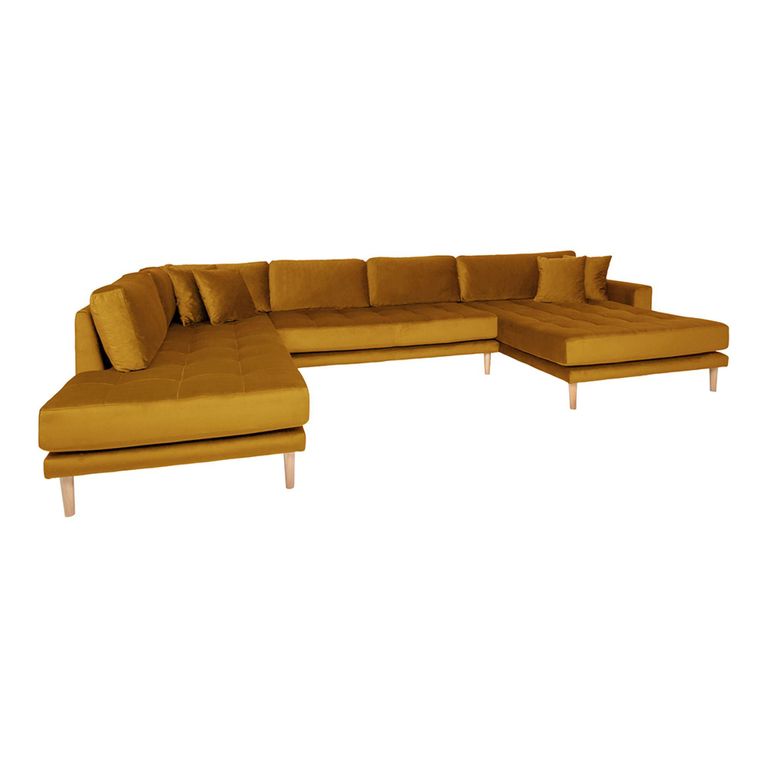Lido U-Sofa - Open End - Mustard Yellow - Velvet Fabric - Natural Legs - RHF