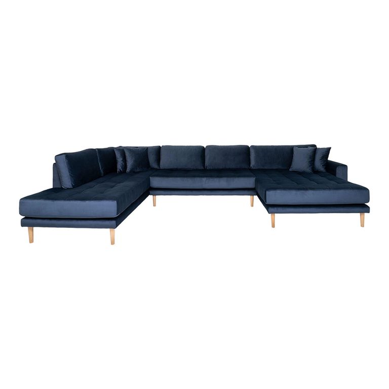 Lido U-Sofa - Open End - Dark Blue - Velvet Fabric - Natural Legs - RHF