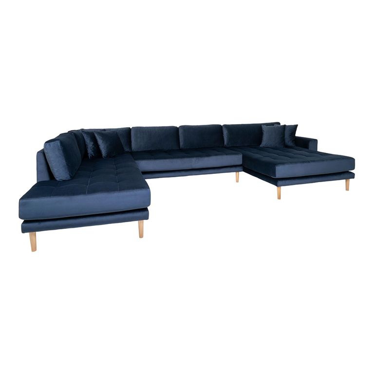 Lido U-Sofa - Open End - Dark Blue - Velvet Fabric - Natural Legs - RHF