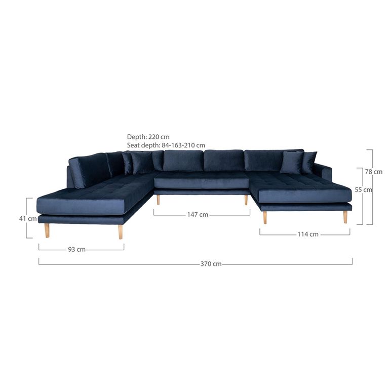 Lido U-Sofa - Open End - Dark Blue - Velvet Fabric - Natural Legs - RHF