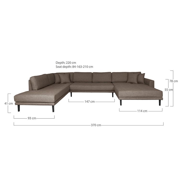 Lido U-Sofa - Open End - Brown - Fabric - Black Legs - RHF