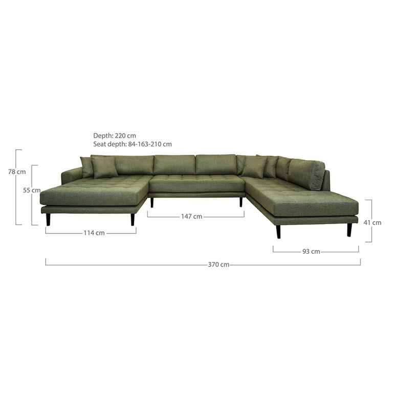 Lido U-Sofa - Open End - Olive Green - Fabric - Black Legs - LHF