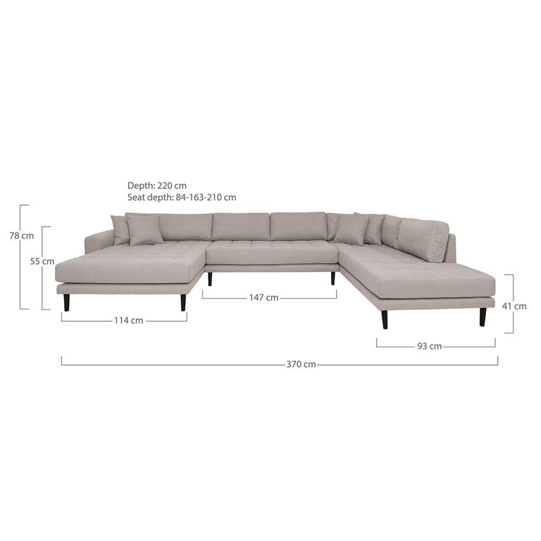 Lido U-Sofa - Open End - Stone - Fabric - Black Legs - LHF