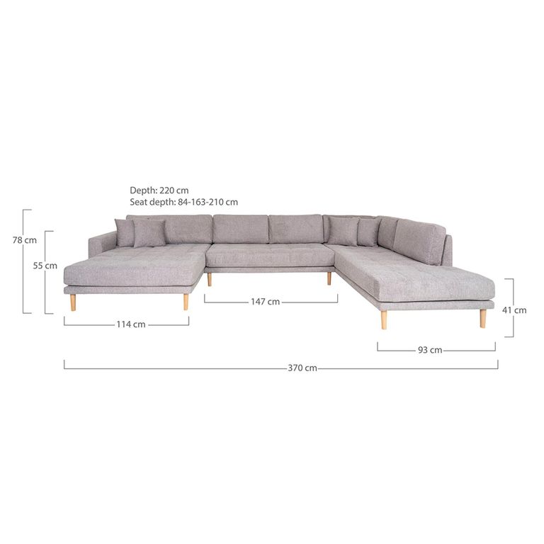 Lido U-Sofa - Open End - Grey - Fabric - Natural Legs - LHF