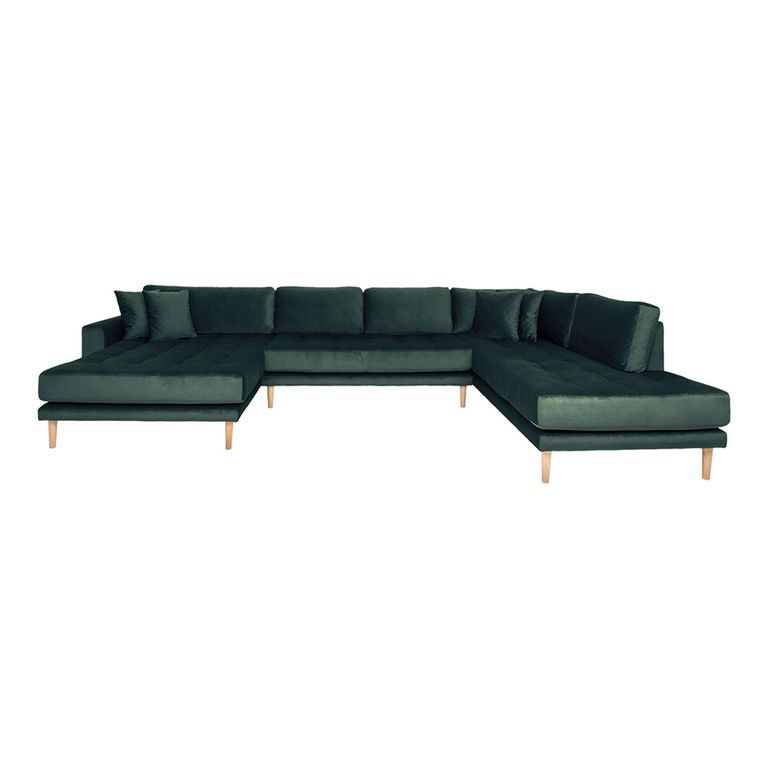 Lido U-Sofa - Open End - Dark Green - Velvet Fabric - Natural Legs - LHF