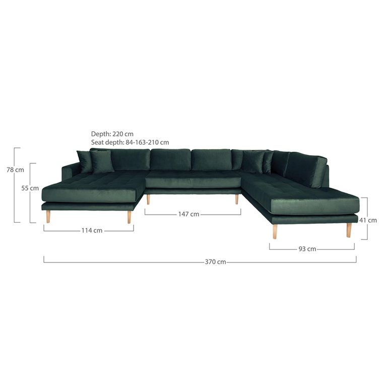 Lido U-Sofa - Open End - Dark Green - Velvet Fabric - Natural Legs - LHF