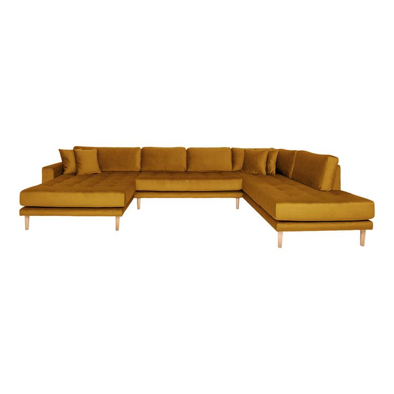 Lido U-Sofa - Open End - Mustard Yellow - Velvet Fabric - Natural Legs - LHF