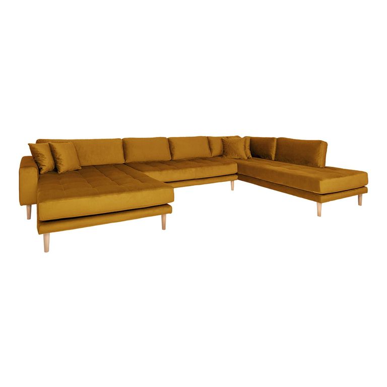Lido U-Sofa - Open End - Mustard Yellow - Velvet Fabric - Natural Legs - LHF
