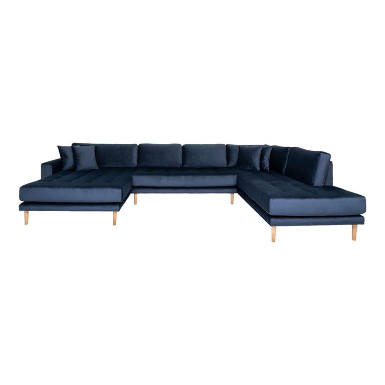 Lido U-Sofa - Open End - Dark Blue - Velvet Fabric - Natural Legs - LHF