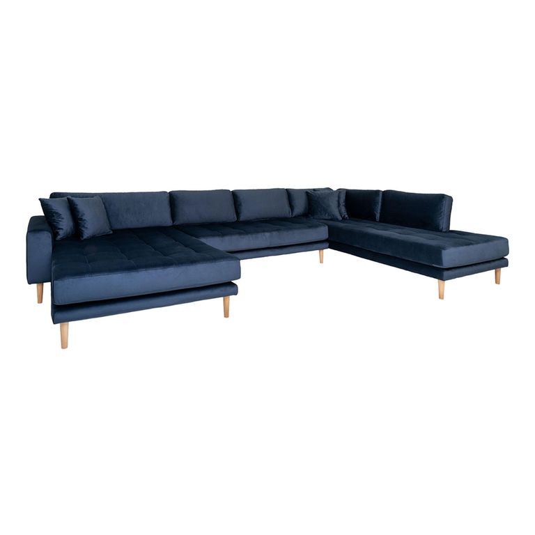 Lido U-Sofa - Open End - Dark Blue - Velvet Fabric - Natural Legs - LHF