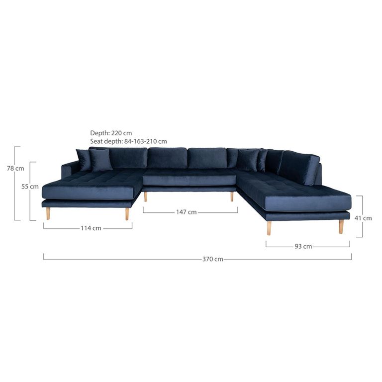 Lido U-Sofa - Open End - Dark Blue - Velvet Fabric - Natural Legs - LHF