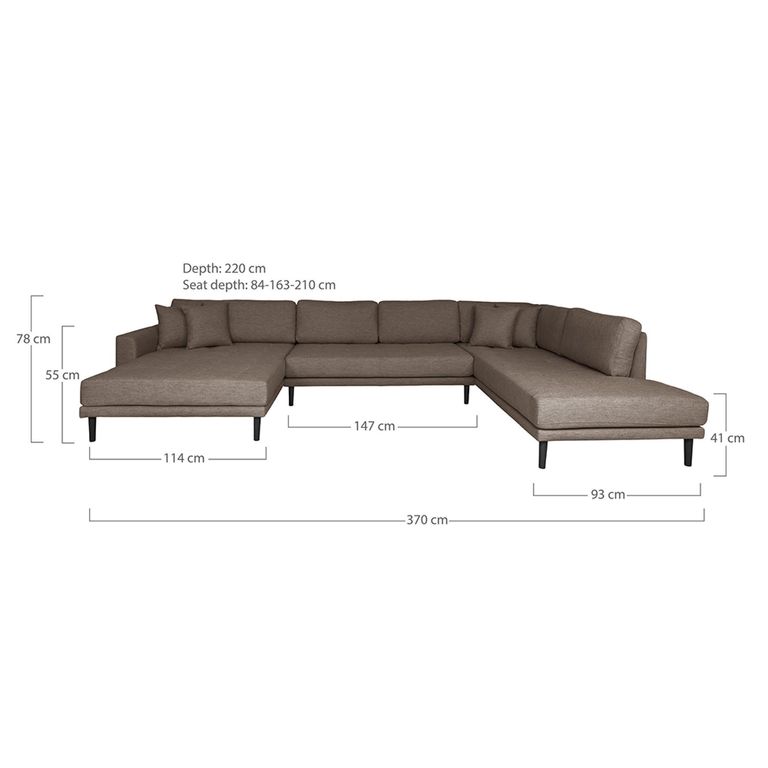 Lido U-Sofa - Open End - Brown - Fabric - Black Legs - LHF