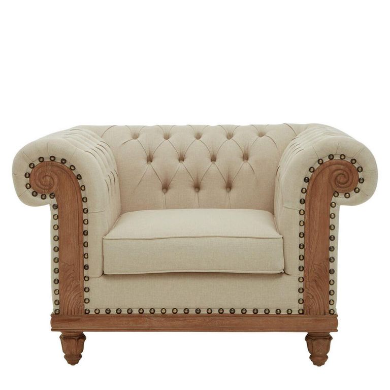 Cabra Chesterfield Armchair - Cream Fabric with Mahogany Wood