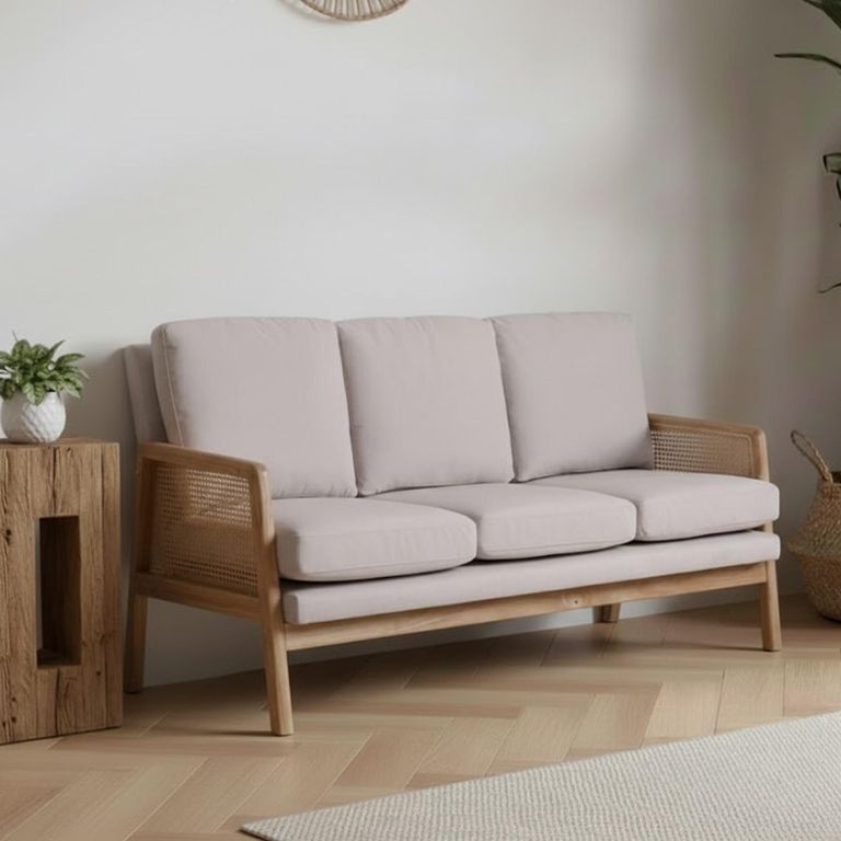 Ida 3 Seater Sofa - Cream Fabric and Rattan