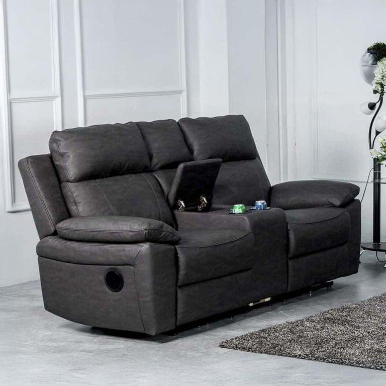 Huntington 2 Seater Electric Recliner Sofa - with Console - Dark Grey Leather Look Fabric