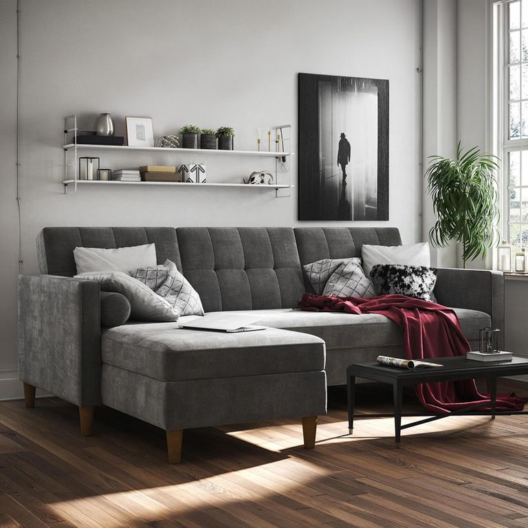 Hartford Sectional Futon Sofa Bed - Storage - Grey Chenille Fabric - 2195459UK