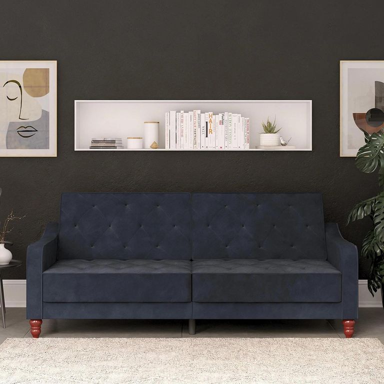 Novogratz Vintage Tufted Futon Sofa Bed - Blue Velvet Fabric - 2238679NUK
