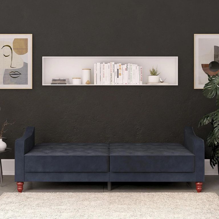 Novogratz Vintage Tufted Futon Sofa Bed - Blue Velvet Fabric - 2238679NUK