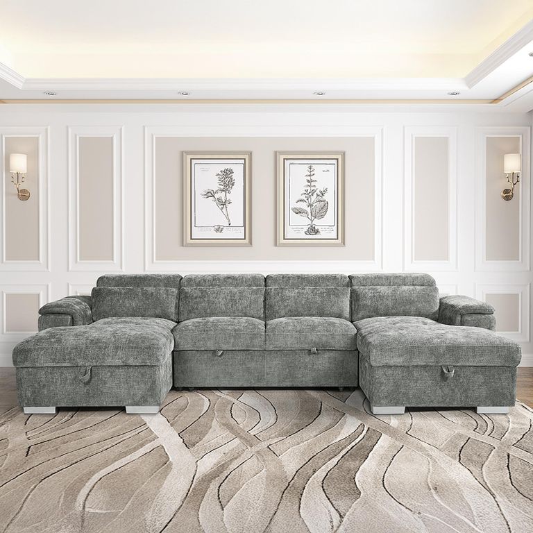 Alaya U Shape Corner Sofa Bed - Grey Fabric - Pull Out