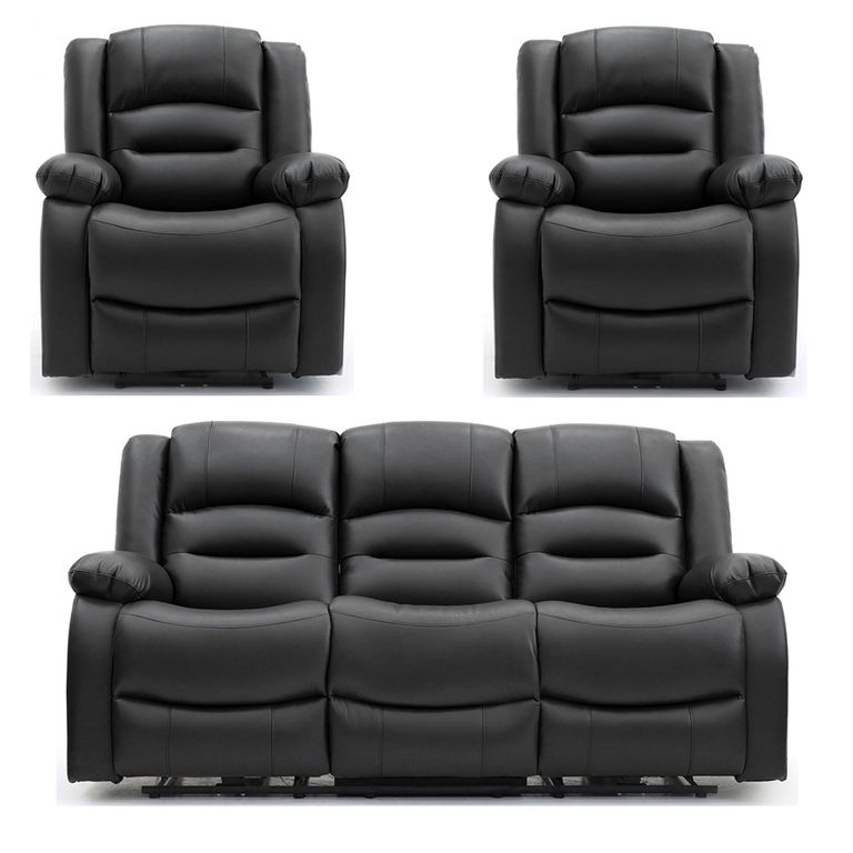 Alva Electric Recliner Sofa Set - Black Faux Leather - 3+1+1 Seater