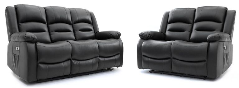 Alva Electric Recliner Sofa Set - Black Faux Leather - 3+2 Seater