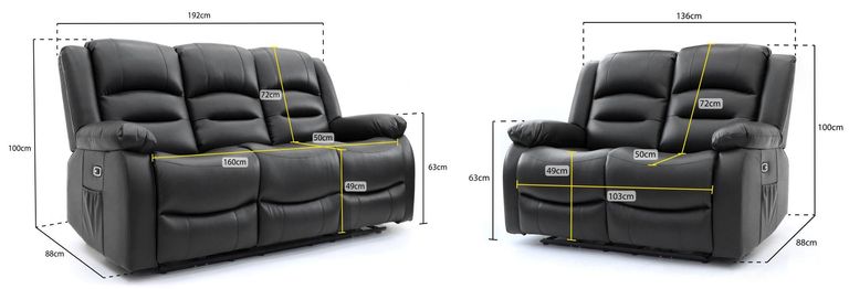 Alva Electric Recliner Sofa Set - Black Faux Leather - 3+2 Seater