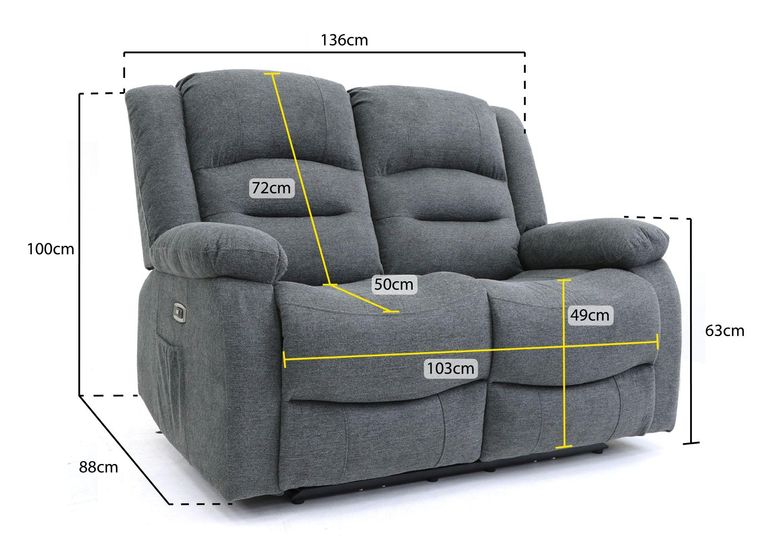 Alva Electric Recliner Sofa - Graphite Fabric - 2 Seater