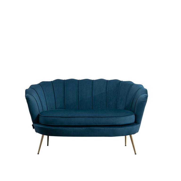 Ariel 2 Seater Sofa - Blue Velvet Fabric - Gold Legs