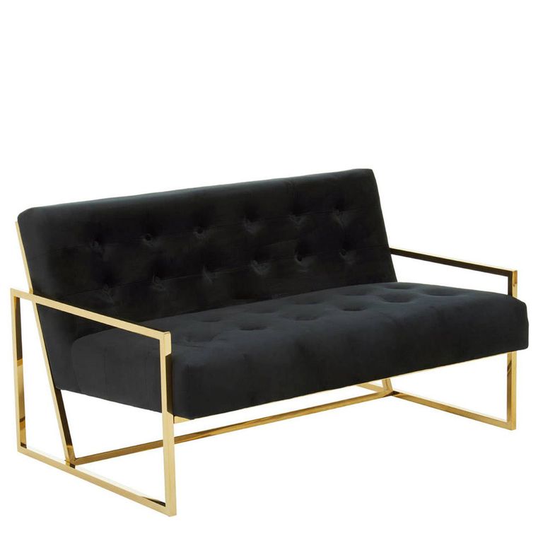 Azalea Sofa - 2 Seater - Black Velvet Fabric with Gold Metal Frame