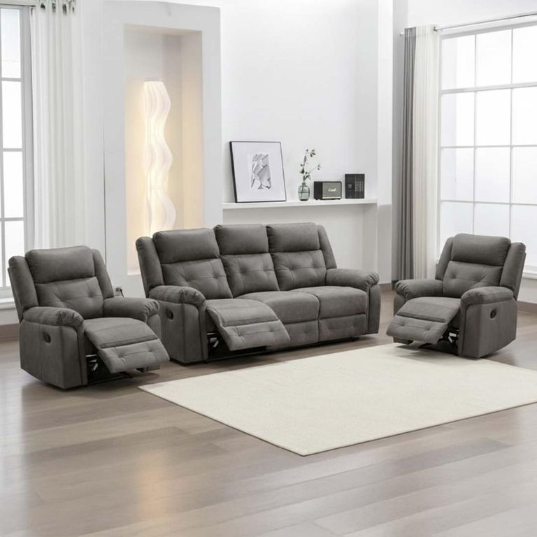 Berkeley Recliner Sofa Suite - 3+1+1 - Dark Grey Leather Look Fabric