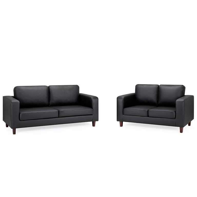 Box Sofa Set - Black Faux Leather - 3+2 Seater