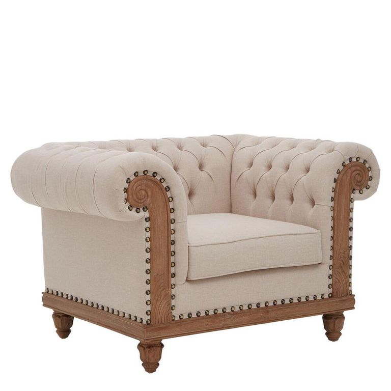 Cabra Chesterfield Armchair - Cream Fabric with Mahogany Wood
