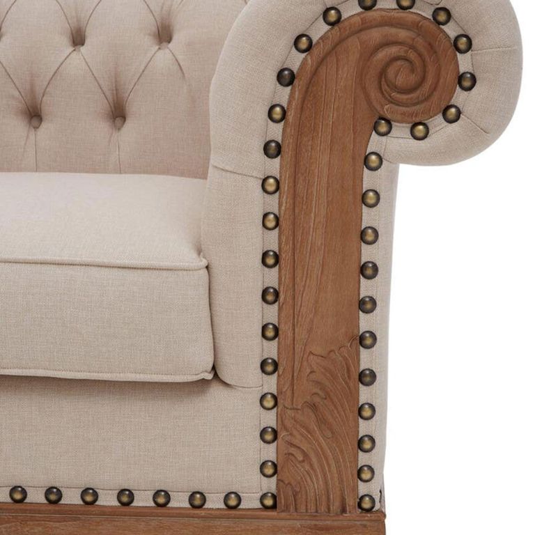 Cabra Chesterfield Armchair - Cream Fabric with Mahogany Wood
