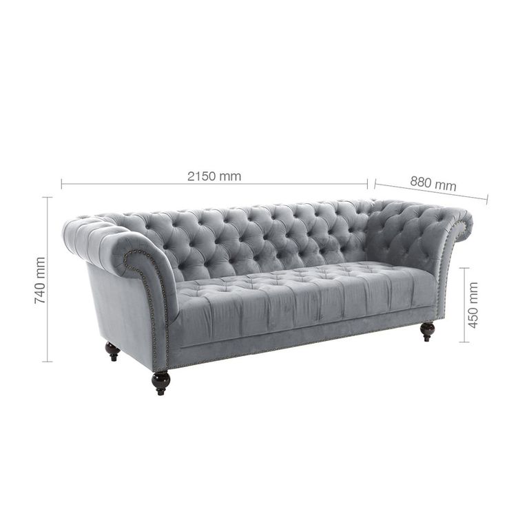 Chester 3 Seater Sofa - Grey Velvet Fabric
