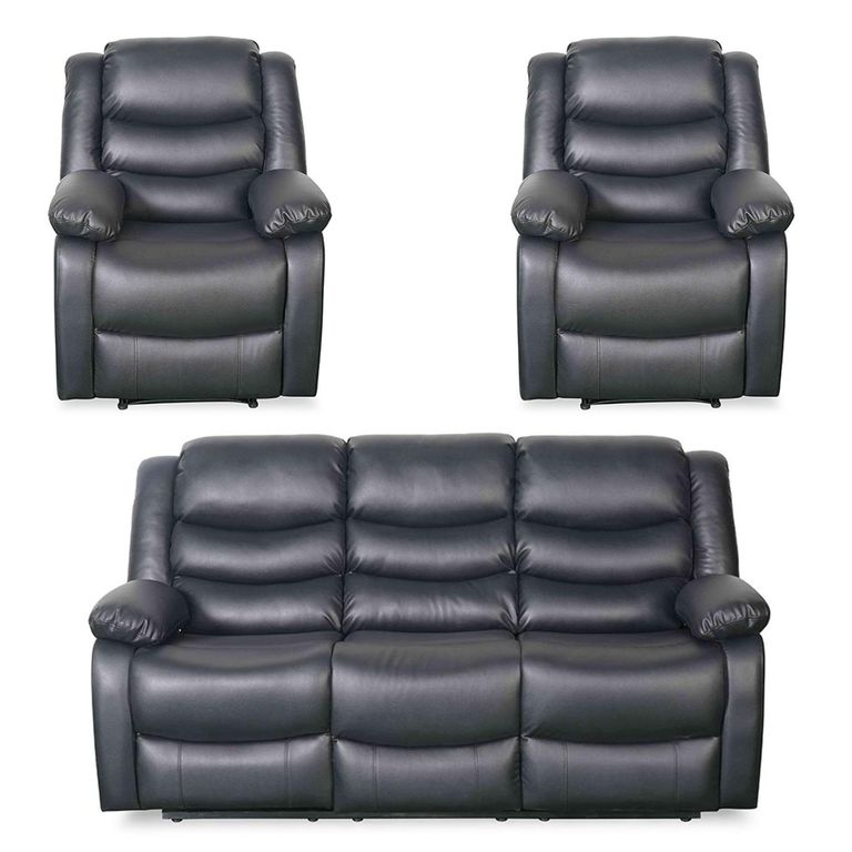 Conrad Manual Recliner Sofa Set - Black Leather - 3+1+1 Seater