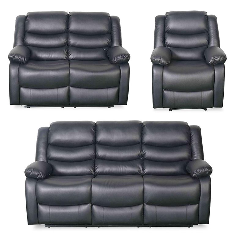 Conrad Manual Recliner Sofa Set - Black Leather - 3+2+1 Seater
