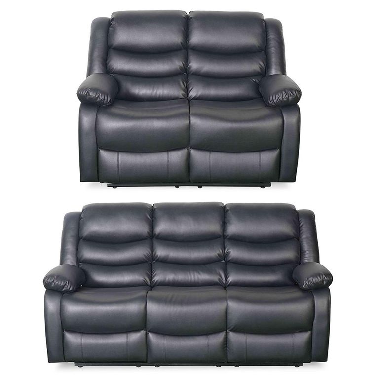 Conrad Manual Recliner Sofa Set - Black Leather - 3+2 Seater