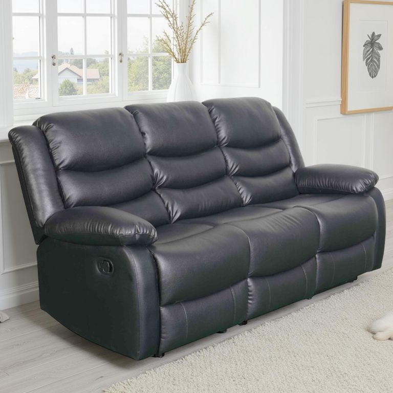 Conrad Manual Recliner Sofa - Black Leather - 3 Seater